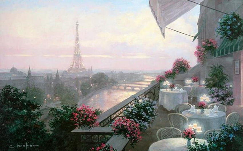 Parisian Cafe Eiffel Tower HD wallpaper