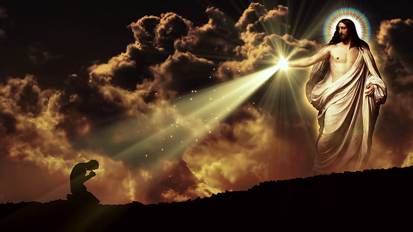 La aparición de Jesús en las nubes durante la puesta del sol bendice a un devoto que reza con las manos cruzadas s de animación en bucle sin fisuras s de movimiento fondo de pantalla