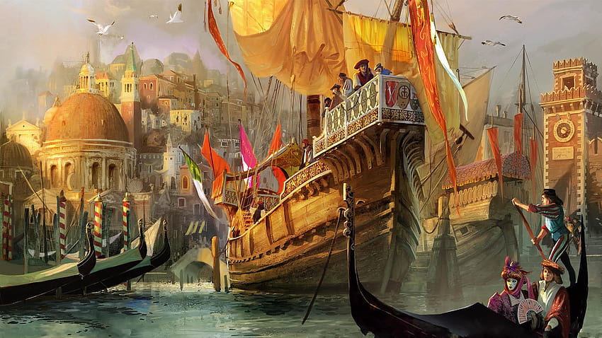 船、ファンタジー、アート、アートワーク、中世/およびモバイルの背景、中世の絵画 高画質の壁紙
