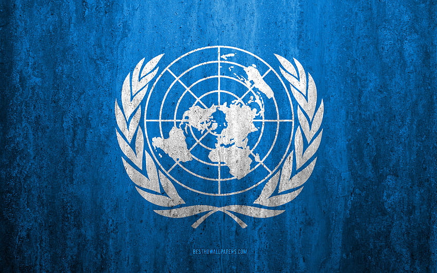 Знаме на Обединените нации, каменен фон, гръндж флаг, международни организации, флаг на ООН, гръндж изкуство, символи, Обединени нации, каменна текстура с резолюция 3840x2400. Високо качество HD тапет