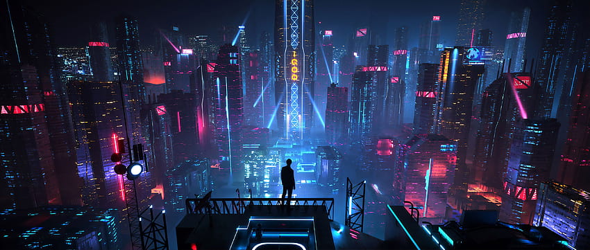 Art numérique Hommes Ville Futuriste Nuit Néon Science Fiction Ville futuriste Cyberpunk Xuteng Pan Envi, neon men Fond d'écran HD