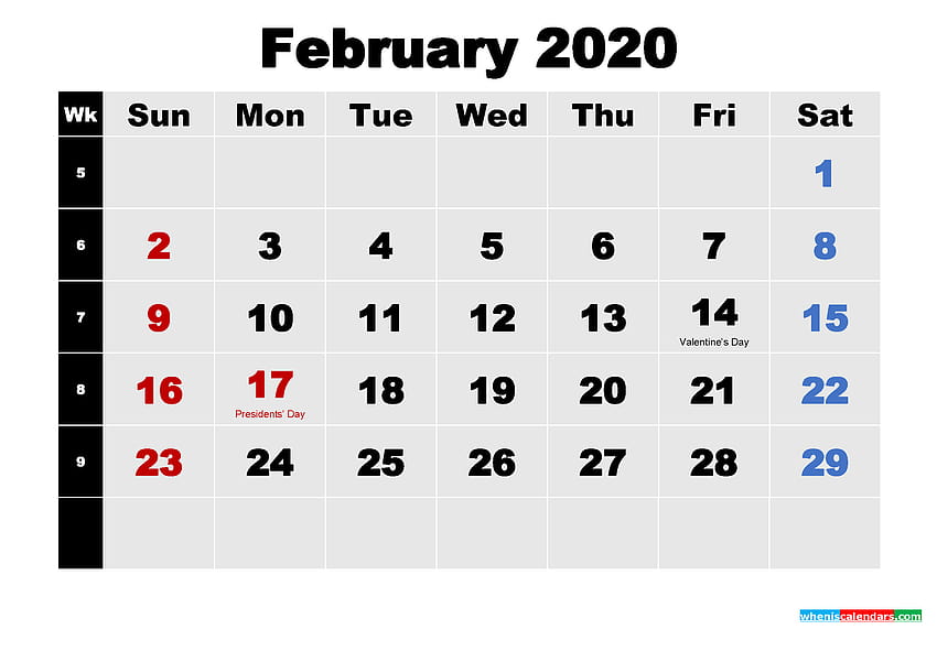 2020 年 2 月の祝日を含む印刷可能なカレンダー、2020 年大統領の日 高画質の壁紙