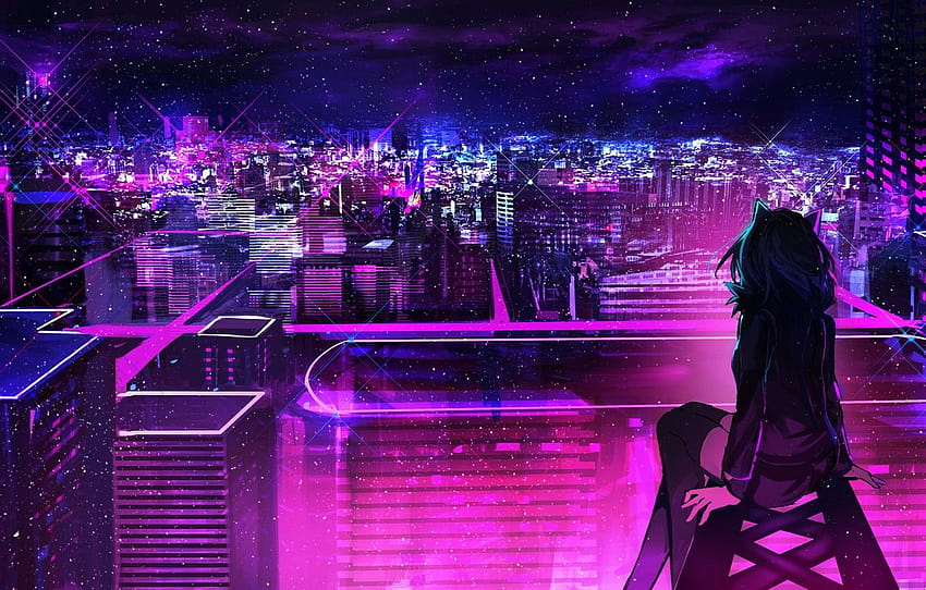 Roof, girl, night, the city, neon , section арт, neon city girl HD ...