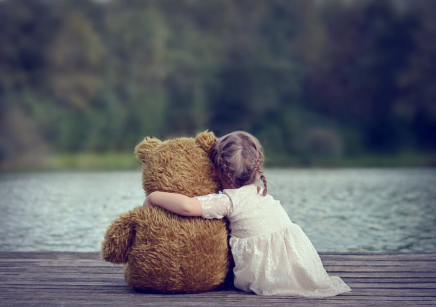 Kids children childhood teddy bear friendship friends lakes hug, childhood girls friends HD wallpaper