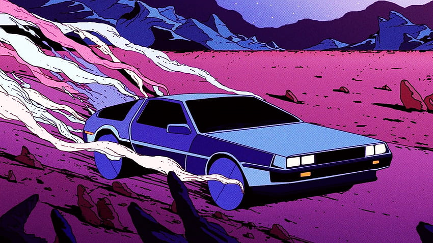 990386 montañas, DeLorean, desierto, microondas, estilo retro, azul, rosa, coche, coche lofi fondo de pantalla