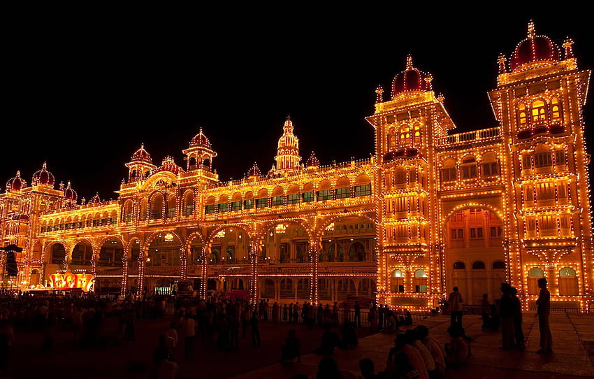 нощ, светлини, Индия, дворец, фестивал на дасар, Карнатака, Майсор , секция разное, индийски дворец HD тапет