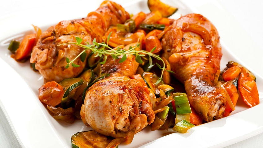 cuisses de poulet, friture, légumes, sauce, poulet à l'orange Fond d'écran HD