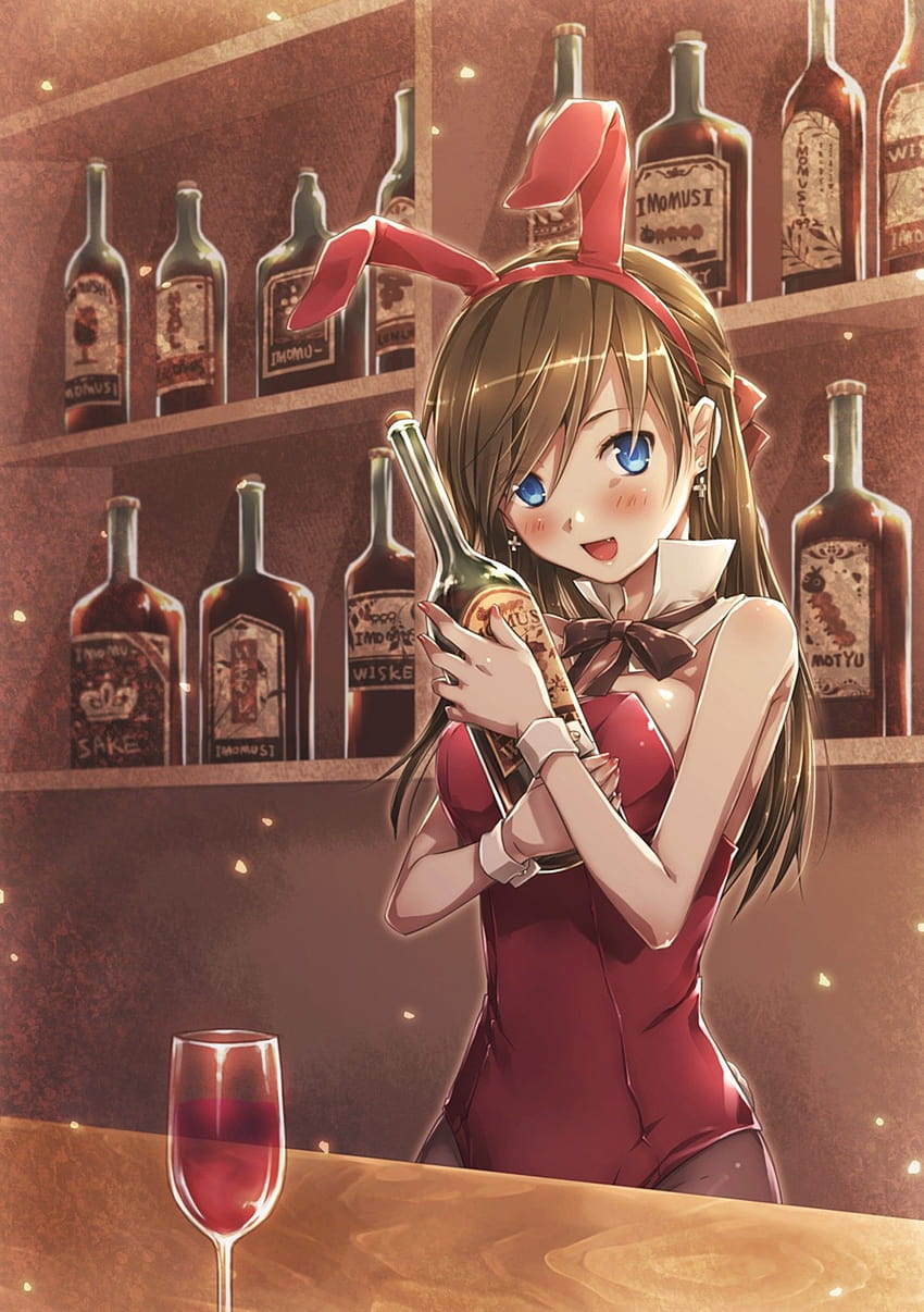 pirang kelinci wanita mata biru alkohol anggur perona pipi mabuk anime, gadis anime sekolah wallpaper ponsel HD