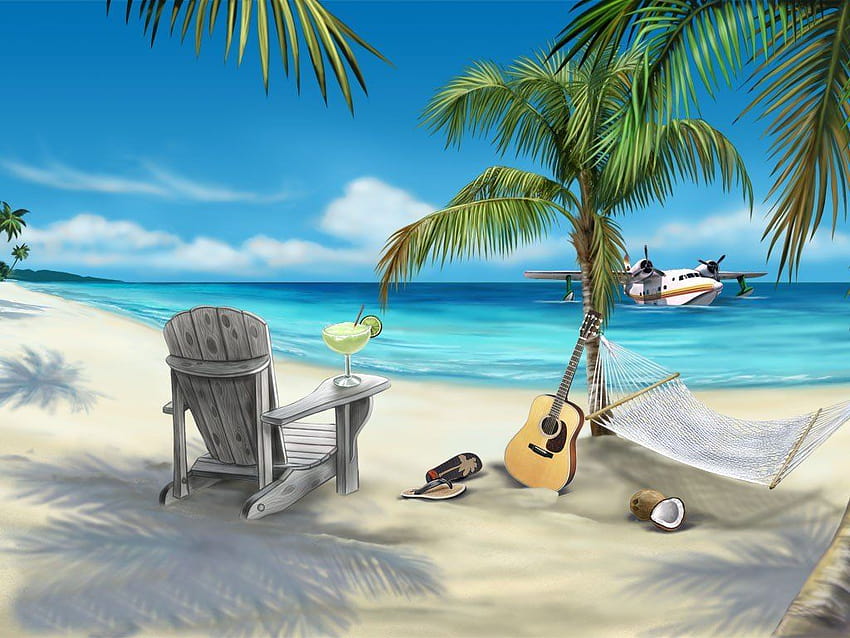 4 Подвижен плаж, карикатура океан HD тапет