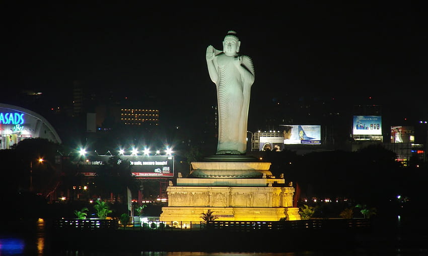 Hyderabad, estatua, punto de referencia, noche, monumento, escultura, ciudad de Hyderabad fondo de pantalla