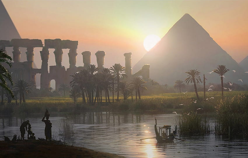 piramide, Egitto, Raphael Lacoste, Origini, Assassin's Creed Origins, Crepuscolo sulla Valle del Nilo, sezione игры, fiume nilo Sfondo HD