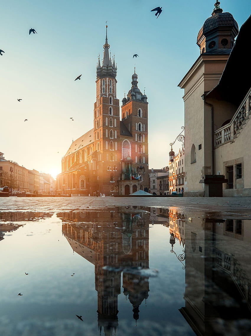 Krakow Poland Town square Puddle Reflection Water 2048x2732 HD phone wallpaper
