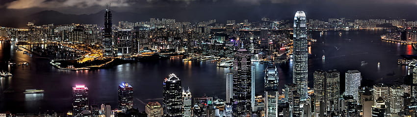 Edifícios noturnos de paisagens urbanas Hong Kong, 3840x1080 papel de parede HD