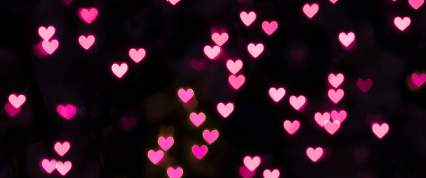 Pink hearts , Black background, Bokeh, Glowing lights, Vibrant, Black/Dark, pink and black HD wallpaper