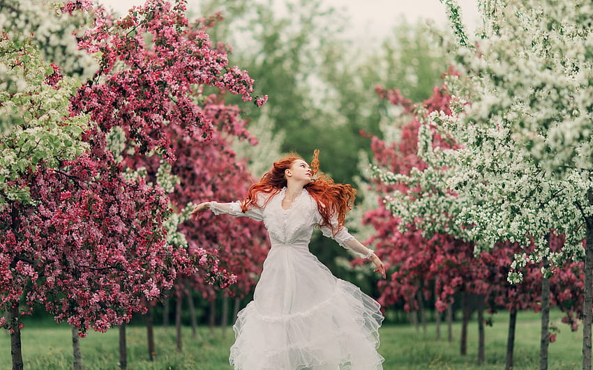 White Dress Girl, Red Hair, Spring, Flowers 1920x1200 , Red And White 