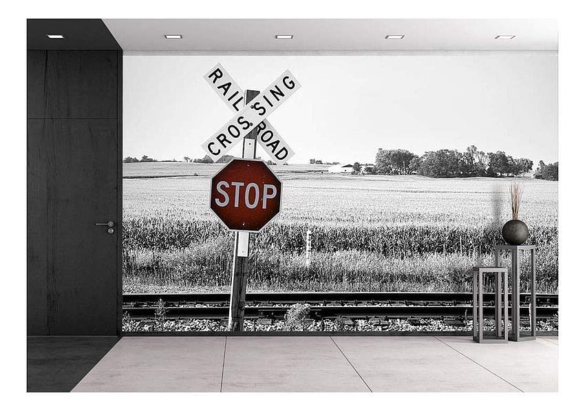 Wall26 Railroad Crossing with Stop Warning Sign HD wallpaper