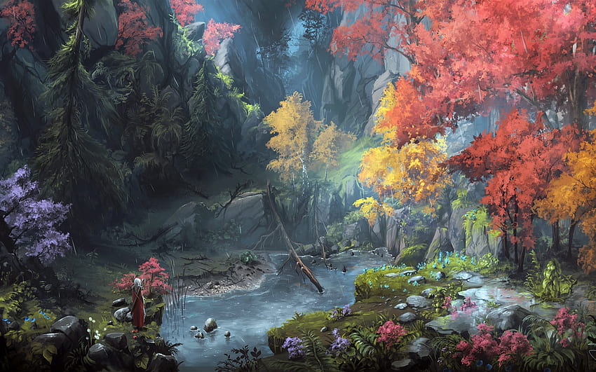 Fantasy art painting, mountains, trees, autumn 2560x1600 , autumn sci fi HD wallpaper