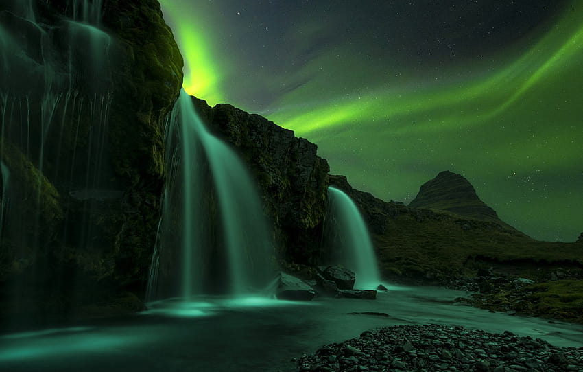 night, rocks, Northern lights, Norway, waterfalls , section природа, minimalist waterfall HD wallpaper