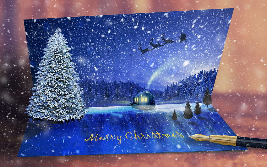 Christmas card, 3D art, Christmas tree, pen, Christmas letter, Christmas greeting, Merry Christmas with resolution 2880x1800. High Quality HD wallpaper