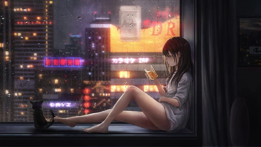 Noche lluvia cerveza anime girl live, anime girl night time fondo de pantalla