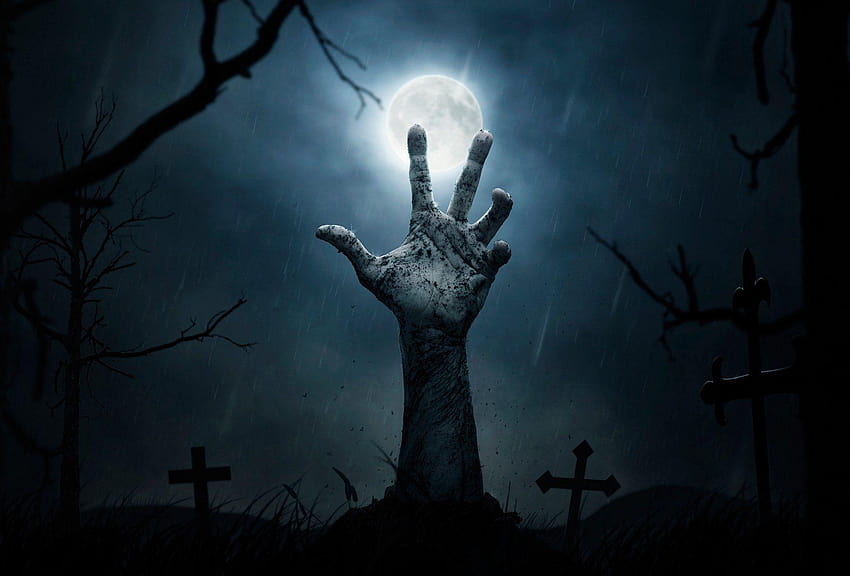 halloween horror nacht mond friedhof grab kreuz friedhof hand zu, halloween horror nächte HD-Hintergrundbild