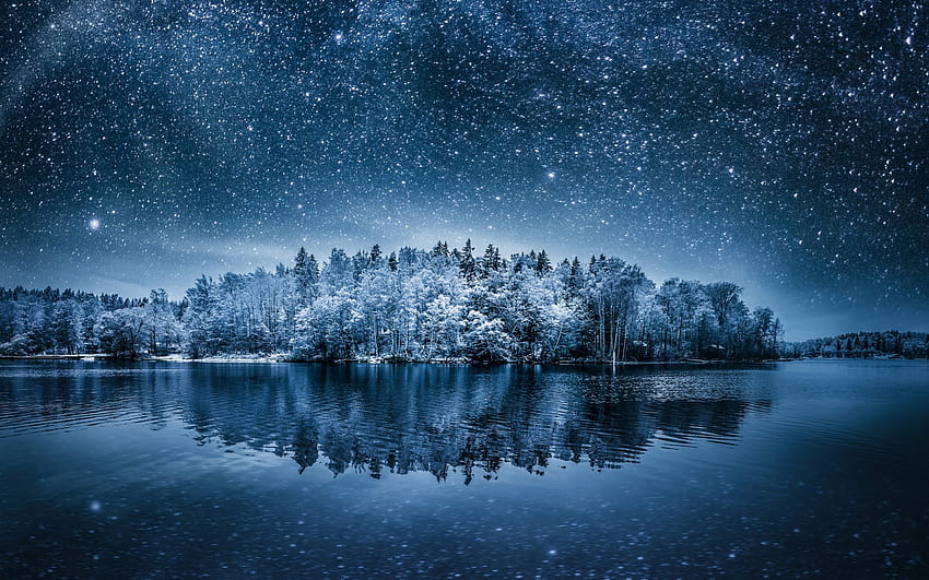 : forest, night, galaxy, water, reflection, sky, snow, winter, moonlight, atmosphere, Aurora, zing, weather, darkness, atmospheric phenomenon, computer 1920x1200, galaxy forest HD wallpaper