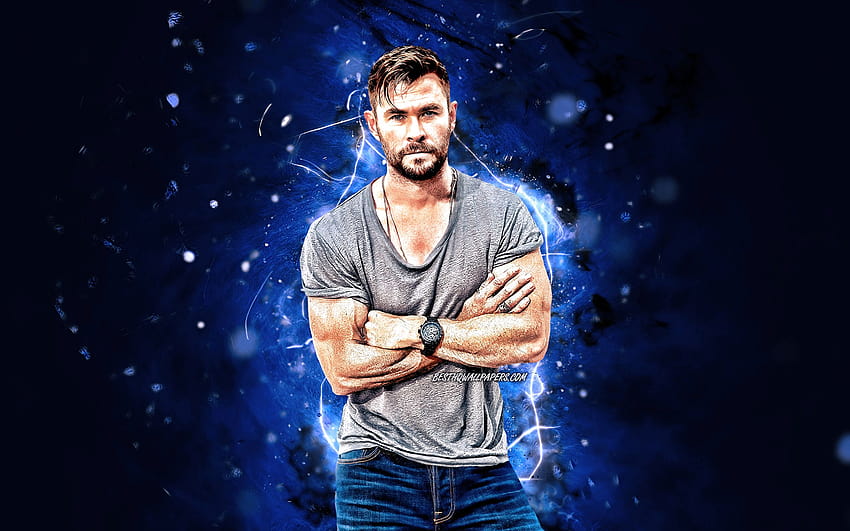 Chris Hemsworth, australian actor, movie stars, fan art, Christopher Hemsworth, australian celebrity, blue neon lights, creative, Chris Hemsworth with resolution 2880x1800. High Quality HD wallpaper