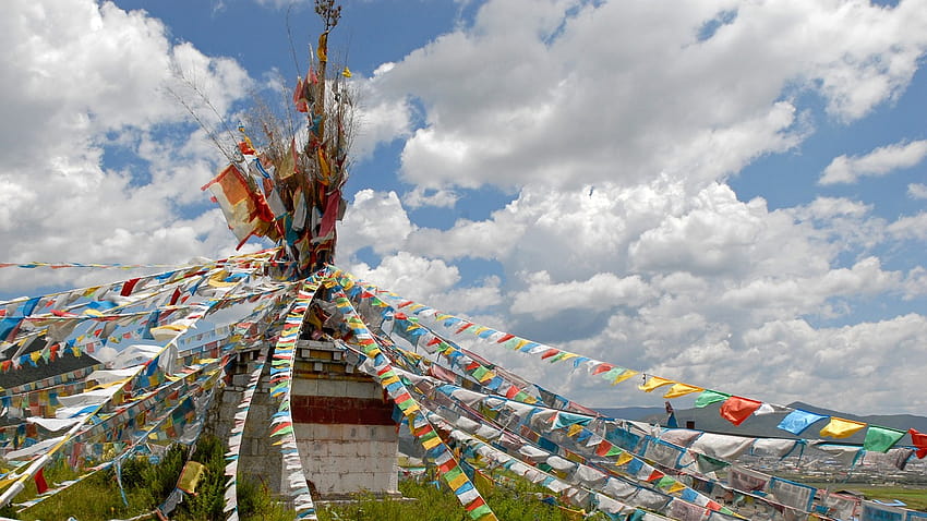 Bandeiras de oração Paisagem do Tibete, bandeira tibetana papel de parede HD
