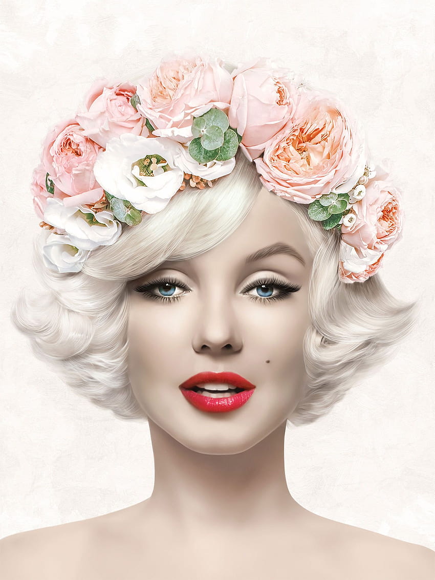 Impresión de Marilyn Monroe, Marilyn Monroe con un cartel de corona de flores, belleza de corona de flores fondo de pantalla del teléfono