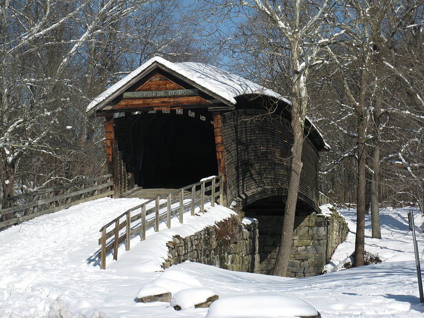 old bridges in Virginia, winter covered bridges HD wallpaper