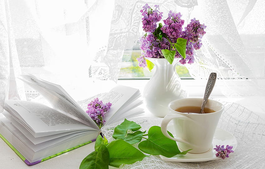 verano, flores, comodidad, mesa, té, ventana, taza, libro, florero, lila, sección настроения, té de verano fondo de pantalla