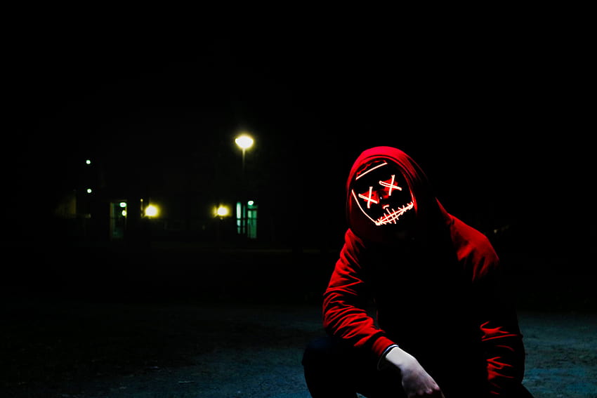: dark background, male models, men, night, hoods, jacket, mask, red, neon lights, horror, creepy, urban, skull, graphy, hands, model, costumes, scary face, black backgrounds 5999x3999, face neon HD wallpaper