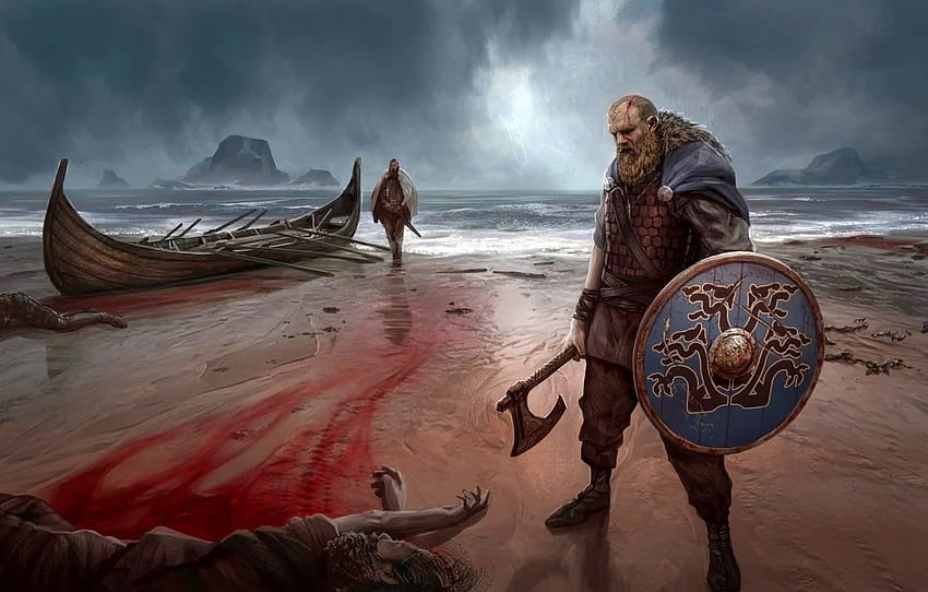 Mar, barco, escudo, vikingo, hacha de batalla nórdica, sección прочее, anime vikingo fondo de pantalla