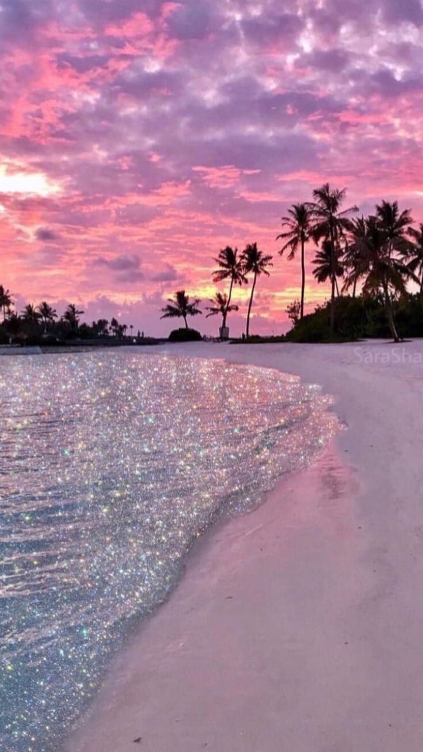 美しいピンクの夕日、美しいビーチの夕日 HD電話の壁紙