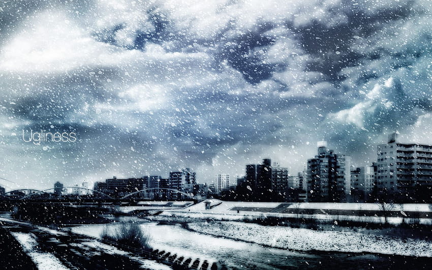 bangunan kota awan abu-abu polikromatik indah langit salju tangga tagme, anime kota musim dingin Wallpaper HD