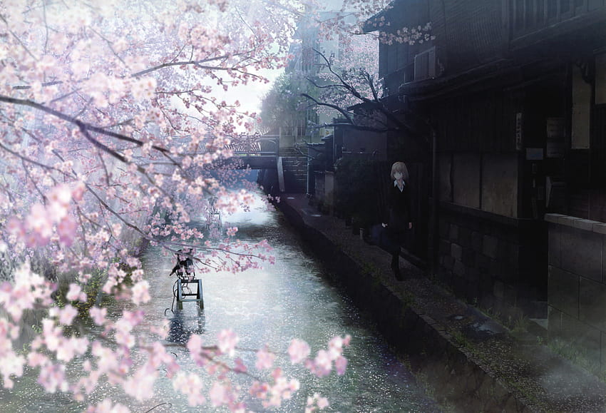 Innaffia i fiori di ciliegio primavera giapponese acquerello anime ragazze rami Sfondo HD