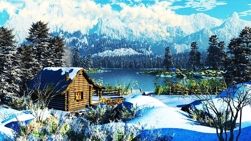 Casas: Log Cabin Winterscape Winter Lake Mountains Árvores altas, cabanas de madeira papel de parede HD