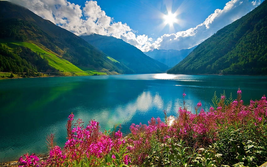 nature, Landscape, Mountain, River, Sun, Clouds, Pink Flowers, mountain clouds river HD wallpaper