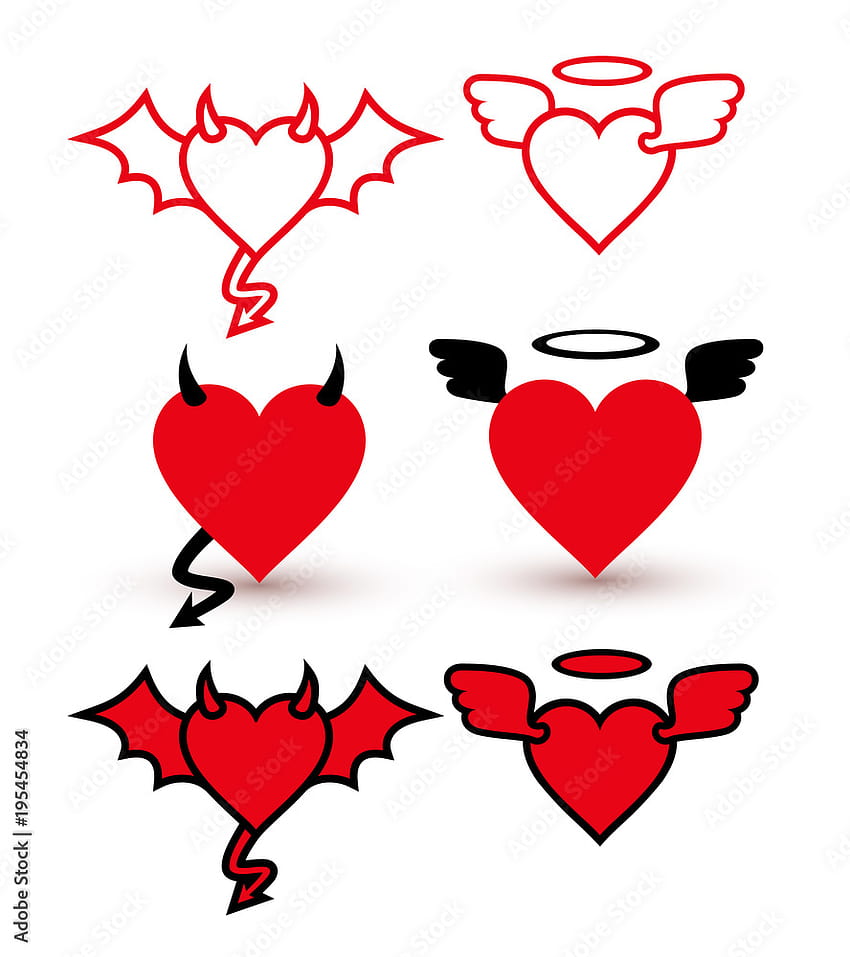 İblis kanadı, boynuzu, kuyruğu ve melek kalpleri simgesi olan Devil Love seti. Basit kalp çizgisi stili logo şablonu tasarımı. Vektör çizimi. Beyaz arka planlar üzerinde izole edilmiş Hisse Senedi Vektörü, melek kalbi ve şeytan kalbi HD telefon duvar kağıdı