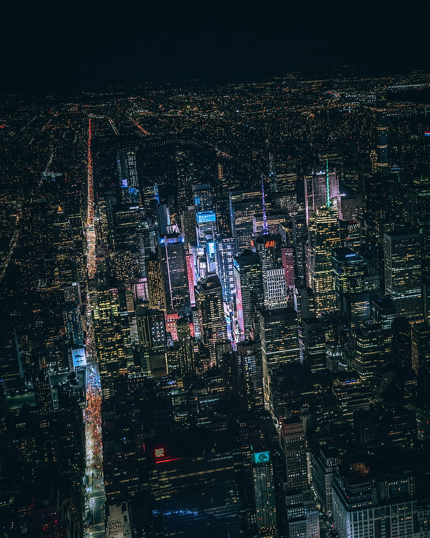 aerial view of city buildings during night time – City on, aesthetic dark city HD phone wallpaper