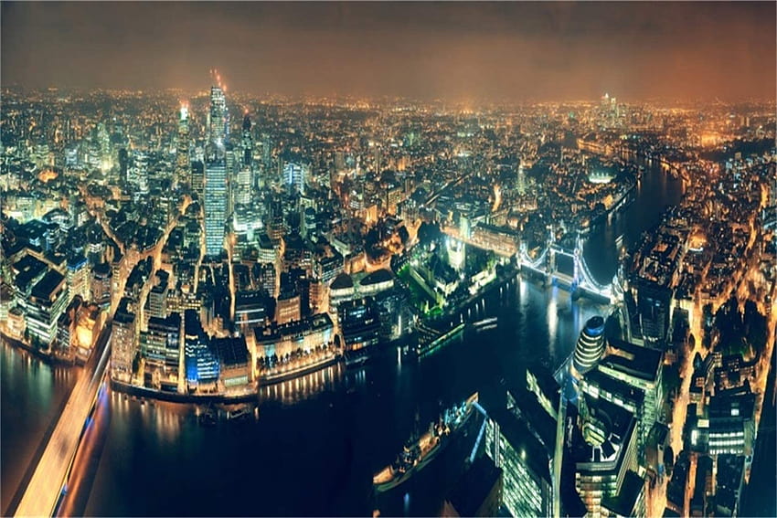 Amazon: Laeacco 15x10ft Fantástico cenário noturno de Londres Vinil Brilhante Tower Bridge London Panorama Vista aérea Paisagem urbana Belo horizonte Arranha-céus Planos de fundo urbanos s Paisagem: Câmera e bela paisagem noturna da cidade papel de parede HD