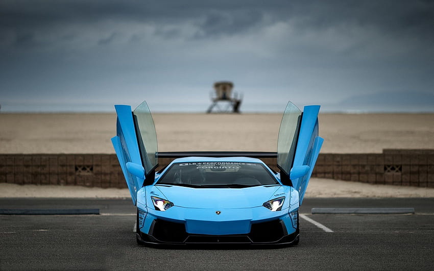 Niebieski supersamochód Lamborghini Aventador, otwarte drzwi 1920x1200, drzwi lamborghini Tapeta HD