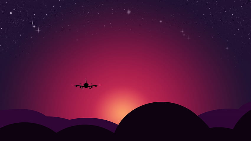 Самолет, залез, звездно небе, илюстрация, червено небе, графика, авиокомпания HD тапет