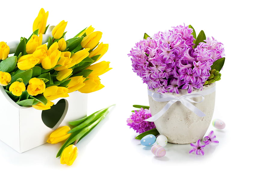 Flowers: Tulips Eggs Spring Bouquet Lilac Flowers Yellow Easter, hyacinth flower HD wallpaper