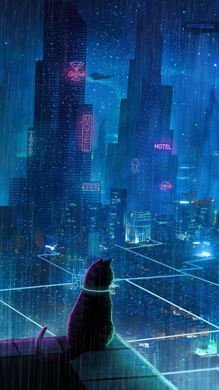 Katze, Dach, Stadt, Neonlichter, Cyberpunk, iPhone XR Cyberpunk HD-Handy-Hintergrundbild
