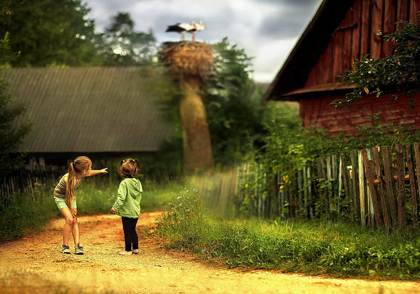 Sister street village cottage stork baby farm rustic girls, village girls HD wallpaper