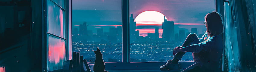 Anime, dziewczyna, kot, miasto, sceneria Tapeta HD