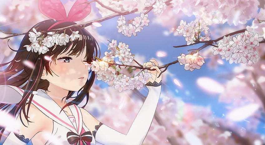 Kizuna Ai Virtual Youtuber Anime Girls Anime Brunette Long Hair Portrait Cherry Blossom Spring Depth, anime spring girls HD duvar kağıdı