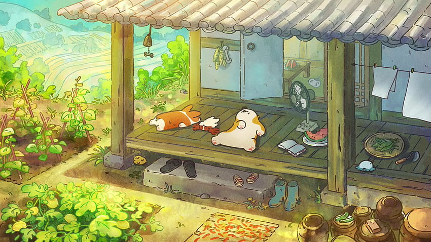 Anime Backgrounds Art on Twitter:, 강아지 코기 HD 월페이퍼