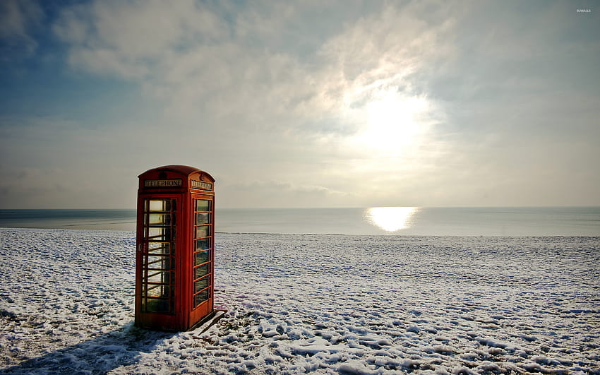 Red telephone booth on a winter beach, beach winter HD wallpaper